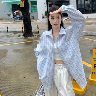 夏季條紋長袖防曬襯衫外套女秋季新款寬松百搭休閑上衣潮polo領潮