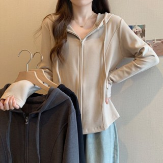 大碼德絨雙拉鏈連帽長袖上衣女秋冬新款洋氣寬鬆顯瘦開衫加絨外套