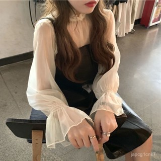 蕾絲打底衫 內搭網紗 秋冬氣質內搭蕾絲打底衫女長袖網紗荷葉邊喇叭袖洋氣雪紡上衣小衫 TBFO