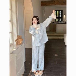 新店優惠 少女甜美 日係可愛 家居服 韓係甜美碎花睡衣女秋冬季2024年新款長袖長褲蕾絲花邊家居服套裝