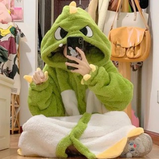 尤咪Umi 加絨加厚 冬季睡衣 可外穿 可愛恐龍讓梨睡衣女冬季珊瑚絨加絨加厚保暖法蘭絨睡袍居家服高定 可愛卡通睡袍