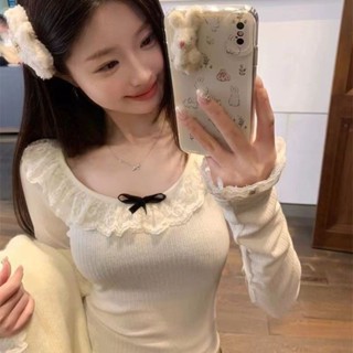 YC家🎀熱銷爆款 純欲 甜妹 蕾絲花邊T恤 秋冬 保暖衣 發熱衣 打底衫 溫柔風 內搭衣 短款 長袖 女生上衣