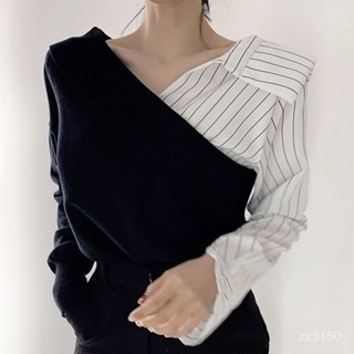 #假兩件#個性韓國chic秋季減齡氣質百搭條紋拚接撞色假兩件長袖針織衫女上衣