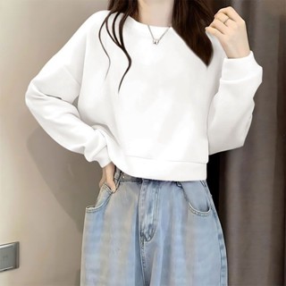 秋季新款 短版衛衣女 韓版寬鬆百搭純色長袖 短款上衣 女生長袖t恤 顯瘦上衣 圓領長袖上衣