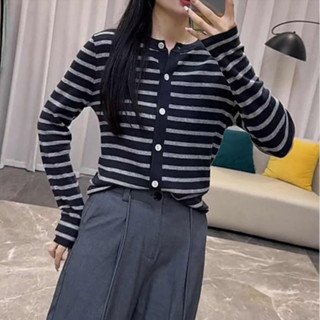 愛依依 秋冬上衣 條紋外套 針織衫 毛衣 打底衫 韓版條紋撞色高階簡約百搭顯氣質開襟上衣TBF07-10886.