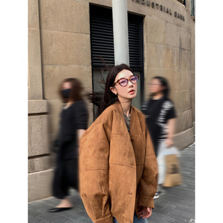 慄秋【】美式復古仿麂皮絨棒球服外套女秋季新款寬松休閑V領夾克上衣