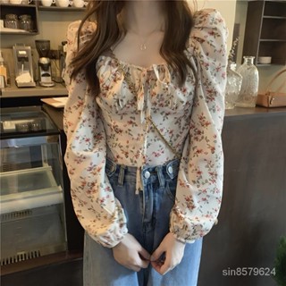 🌹限量購🌹設計感 短款 別緻 上衣 女裝 早秋季 2024新款 法式 碎花 方領 泡泡長袖 襯衫 時尚百搭 通懃 AO8
