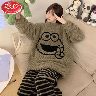 【小宅女】浪莎珊瑚絨睡衣女冬季加厚保暖卡通加肥大碼胖mm230斤家居服套裝