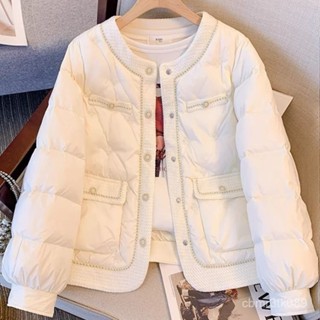 小香風輕薄小個子羽絨服短版冬新款刺繡圓領鑲邊無領鴨絨外套 白鴨絨 保暖 防寒 羽絨外套連帽1103 QO5M