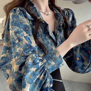 【FROCK】長袖襯衫 寬鬆襯衫 長袖上衣 顯瘦上衣 設計感碎花上衣氣質襯衣顯瘦燈籠袖襯衫 女生襯衫 襯衫外套 寬鬆外套