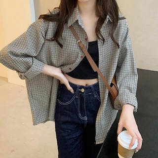 【FROCK】長袖襯衫 寬鬆襯衫 長袖上衣 顯瘦上衣 複古格子襯衫韓版棕色寬鬆長袖襯衣 女生襯衫 襯衫外套 寬鬆外套