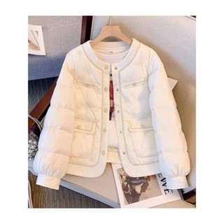 新款2024年冬季V領小香風短版女韓版輕薄保暖白鴨羽絨服潮 韓國 冬天 羽絨外套連帽1105 ZM9C