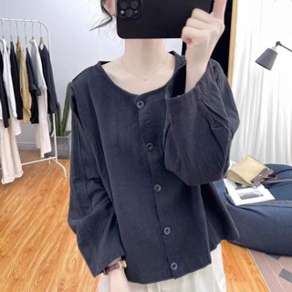 春裝設計感短款棉麻長袖襯衫減齡寬松新款圓領復古泡泡袖襯衣 韓版上衣 長袖上衣 顯瘦上衣 大尺碼女裝 設計感上衣 氣質穿搭