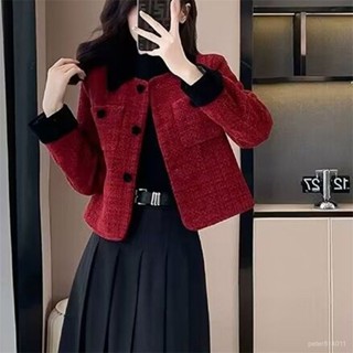 【PE】外套風衣高階感紅色小香風短外套女2025新款小個子法式名媛氣質毛呢上衣服