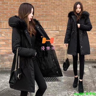 爆款-加厚【內鋪毛】保暖中長版縮腰修身連帽外套歐美韓版英倫風學院風性感百搭大毛外套拉鍊大毛領兔毛鋪毛防風禦寒軍裝風衣外套