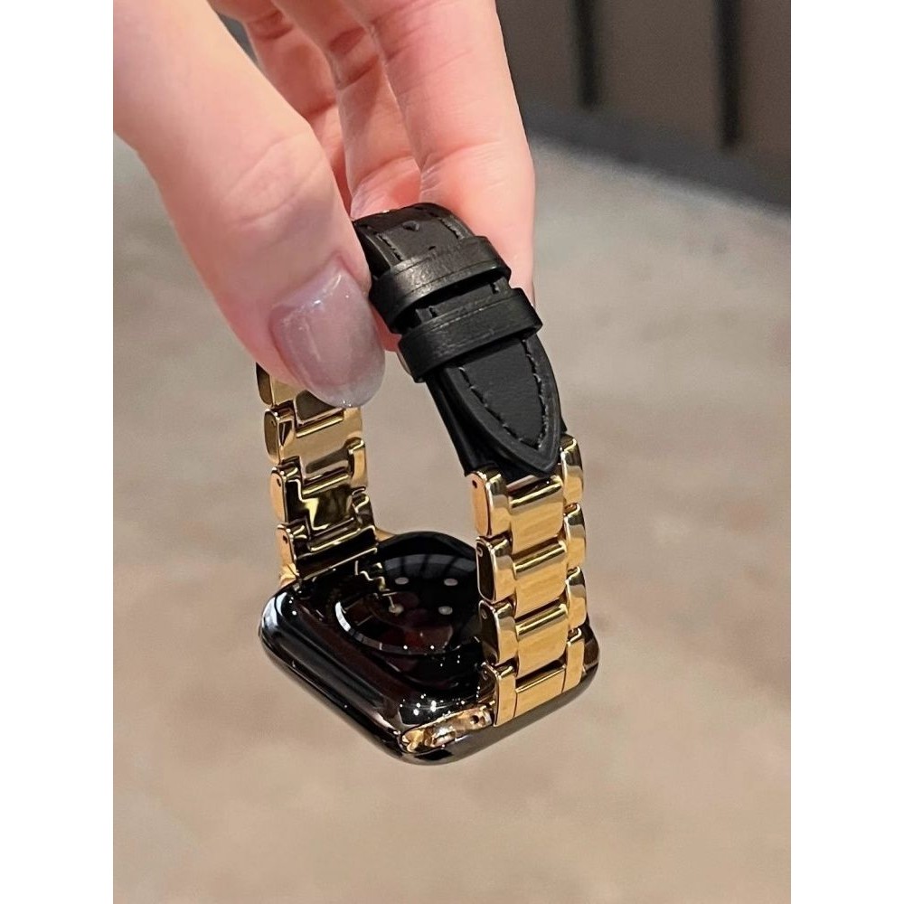 適用ApplewatchS11/10/9三株陶瓷拼皮質錶帶蘋果手錶87654321質感se女