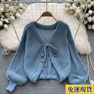 🌷臺灣限時低價🌷 減齡法式泡泡袖抽繩針織衫上衣女秋季慵懶風寬鬆V領毛衣小外套外套