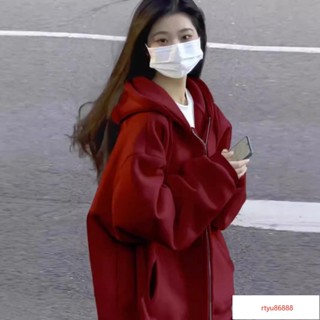 【唯家】秋冬加絨加厚外套女慵懶風長袖休閒寬鬆衛衣連帽百搭開衫拉鏈上衣