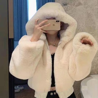 【熱銷免運】短款仿兔毛絨皮草外套女2024年冬季加厚棉服小個子毛茸茸連帽衛衣 連帽外套 毛絨外套 長袖上衣 毛毛外套 保
