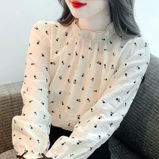 (臺灣出貨)SY秋季新款半高領法式上衣洋氣寬鬆顯瘦碎花打底衫女士長袖襯衫百搭長袖上衣立領印花上衣