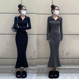 【臺灣出貨】秋冬女裝 洋裝 中長裙 連身裙 禮服 晚宴服婚禮洋裝連衣裙女秋季新款純慾辣妹緊身包臀魚尾裙長款內搭打底裙