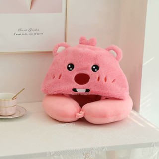 【❤臺灣發貨🔥】可愛午睡枕❤ 連帽U型枕🎀 粉色小海貍loopy毛絨u型枕連帽子冬季保暖情侶款便攜旅行護頸睡覺