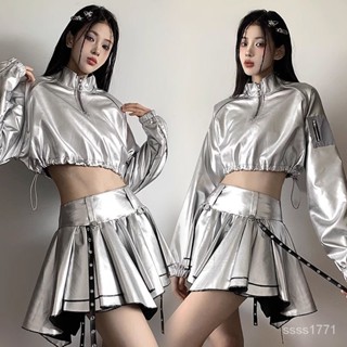 會琴服飾 嘻哈風格 金屬風衣服 爵士舞蹈辣妹jazz酷颯拽姐上衣美式拉鏈辣妹銀色衛衣女帥氣街頭DS