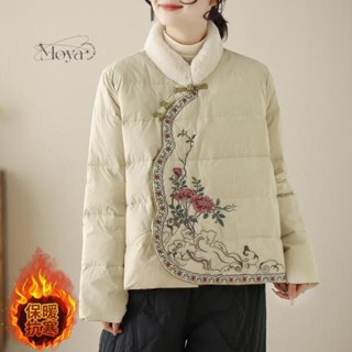 中國風盤扣刺繡加厚棉襖外套女冬季夾棉保暖立領棉服 棉襖外套 大尺碼棉服 民族風外套 寬鬆外套 唐裝 文藝 復古外套