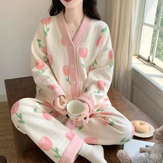 臺灣出貨 純棉睡衣 開衫家居服 長袖睡衣 可愛睡衣 加厚睡衣 睡衣女 冬天睡衣 空氣夾層睡衣 女生睡衣 秋冬睡衣