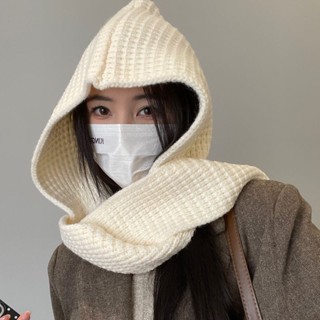 Lam圍巾圍脖帽子一體冬天必備連帽披肩帽子圍巾一體兩件套純色保暖秋冬季兩用針織斗篷百搭時尚