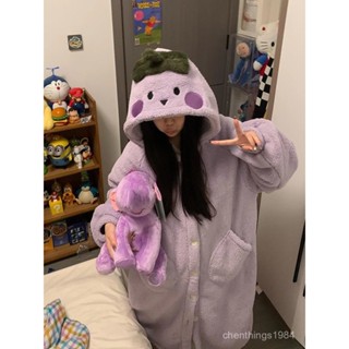 冬季款可愛毛絨加厚睡衣 睡袍 睡裙 睡衣連帽家居服🧥可愛少女茄子珊瑚絨睡衣女款冬季2024加厚連帽大碼睡袍家居服睡裙