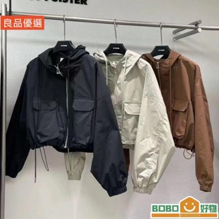 BOB好物❤外套 Ins美式黑色連帽工裝外套夾克短版外套辣妹【lb005】春秋穿搭寬鬆休閒外套大尺碼女裝 10637