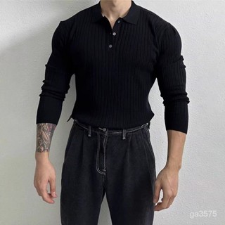 Y-B顯壯💪🏻黑色長袖男士針織polo衫秋冬季新款潮簡約肌健身條紋翻領針織衫運動長袖 運動上衣 健身衣服 訓練長袖
