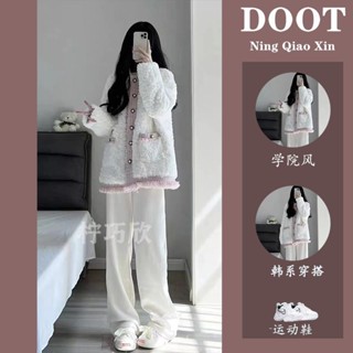 【Helisa 允梨】冬季女裝 溫柔穿搭 小香風 加絨加厚 羊羔毛 外套 休閒褲 燈芯絨 闊腿褲 兩件套 韓版女裝 韓系