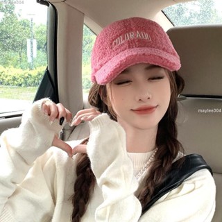 🎁超級優惠韓國粉色可愛羊羔絨棒球帽子女秋冬季韓係保暖百搭字母刺繡鴨舌帽