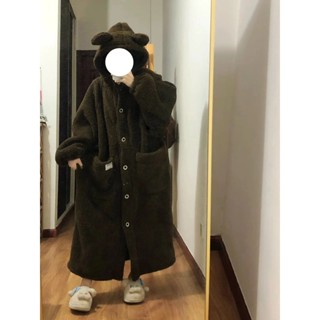Lam 睡衣 居家服 小熊可愛連帽冬天睡衣女ins風長款珊瑚絨冬季睡袍加絨加厚家居服