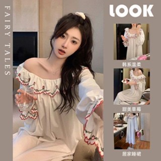 Lam 睡衣 居家服 趙露思同款睡衣女甜美草莓刺繡長袖網紅風高階感居家服中長款睡裙