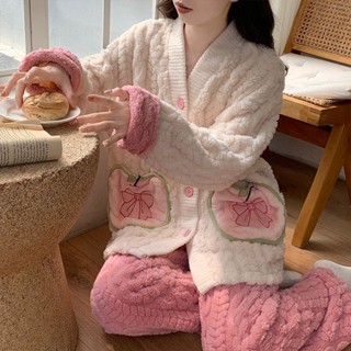 蝸居生活館🔆大尺碼睡衣 跑2024全新款甜美休閑短袍珊瑚絨睡衣女秋冬保暖居家短款套裝睡衣 珊瑚絨居家服 兩件套