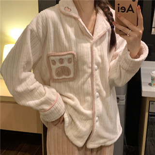 Lam 睡衣 居家服ins法蘭絨睡衣秋冬季網紅加絨加厚珊瑚絨可愛開衫女士家居服套裝