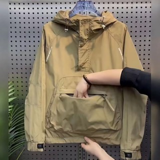 【Mc】套頭衝鋒衣外套男春秋款工裝大口袋連帽夾剋半拉鏈潮流百搭外套男