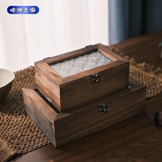 池之家shop🌝居家生活海棠花玻璃收納盒復古木質桌面雜物整理翻蓋木盒擺設化妝臺首飾盒