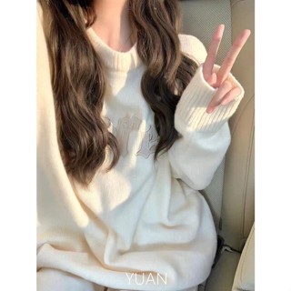 毛衣女 寬鬆 秋季上衣 長袖 針織衫 奶昔白!慵懶風加厚圓領套頭毛衣女秋冬新款韓版寬松軟