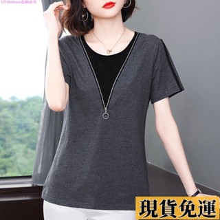 🎆雅軒🎆低價🎆大尺碼 女裝 假兩件 上衣 夏季 衣服 新款 短袖 t恤 女 胖mm 寬鬆 拉鍊 上衣 韓版 純棉 短版