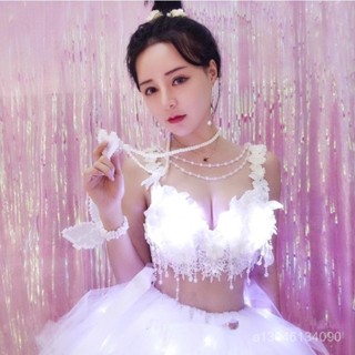 LED髮光裙bra tutu蓬蓬裙純白花朵珍珠吊墜文胸電音節蹦迪服套裝 雙鑫