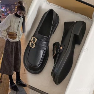 臺灣出貨 35-43大尺碼女鞋 韓版低跟懶人鞋 圓頭粗跟防滑休閒鞋 複古日係小皮鞋女百搭懶人樂福鞋女41jk單鞋子42
