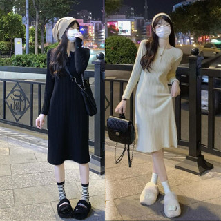 低價免運🎉大尺碼洋裝 韓版配大衣顯瘦針織洋裝女秋冬高階感過膝長裙緊身內搭長袖打底裙子 連身裙 大尺碼洋裝 吊帶 溫柔