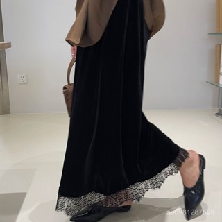 半身長裙 金絲絨半身裙 高質量大碼秋冬2024新款黑色金絲絨蕾絲拚接半身裙女高腰氣質中長款包臀