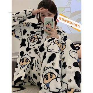 樂淘✔奶牛蠟筆小新珊瑚絨秋冬季天睡衣女新款加絨加厚法蘭絨家居服套裝 睡袍 家居服 可愛睡衣 家居服 蠟筆小新
