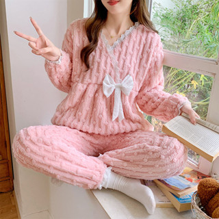 Lam💕睡衣 居家服睡衣女秋冬季加絨加厚珊瑚絨公主風長袖可愛保暖法蘭絨家居服套裝