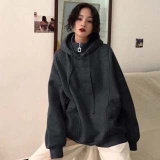 【Sweet Oversize】衛衣女秋冬韓版高領拉鏈連帽字母刺繡ins加絨加厚學生上衣外套潮